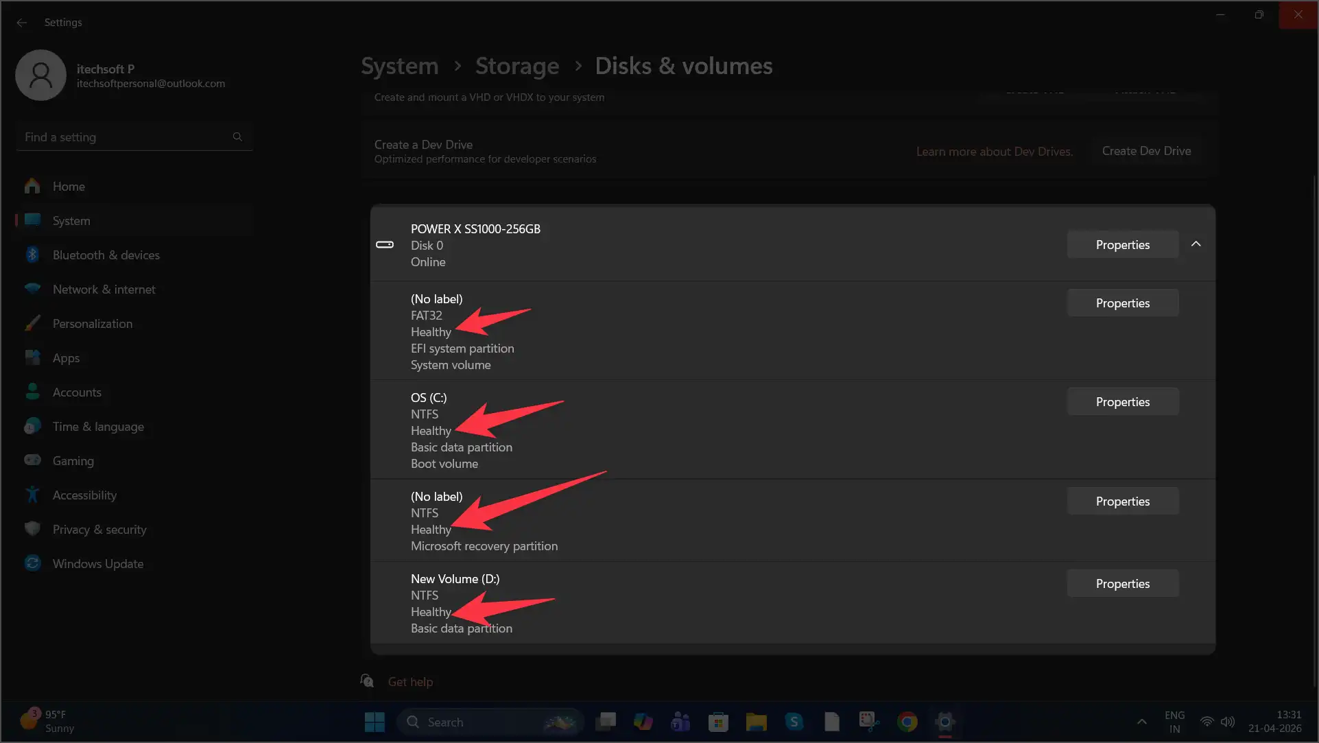 Properties in drive to check health of SSD on windows 11 computer