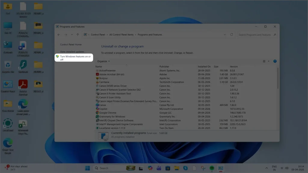 Turn Windows features on or off screen for smb1 protocol enable in windows 11