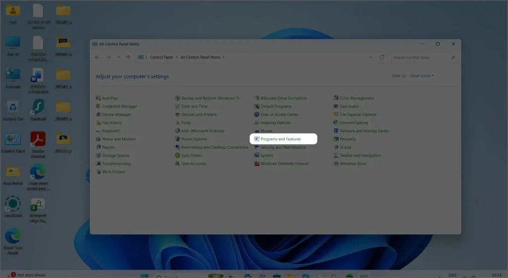 Programs and Features screen in control panel in windows 11 pc