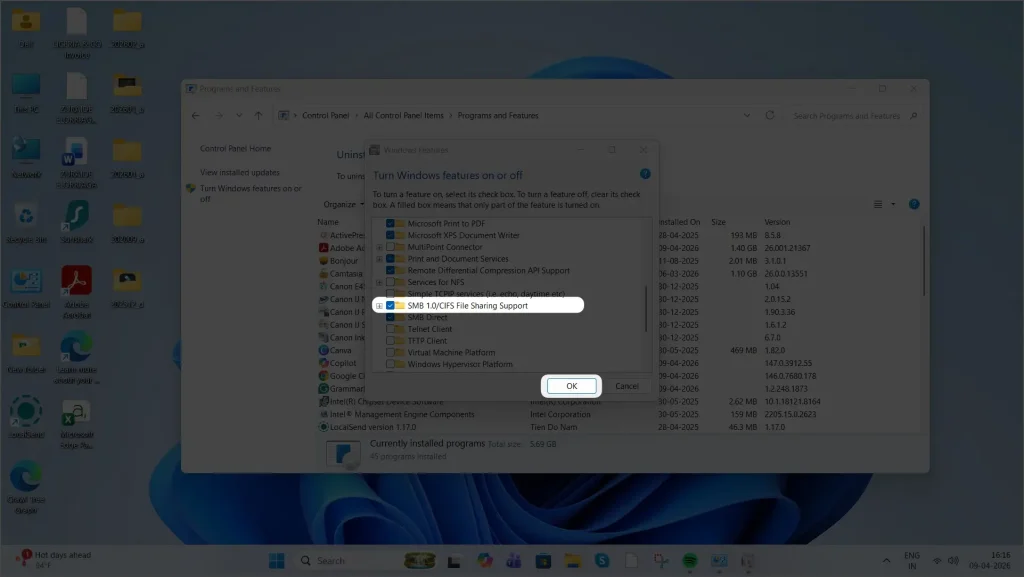 settings to enable SMB 1.0:CIFS File Sharing Support in windows 11 computer