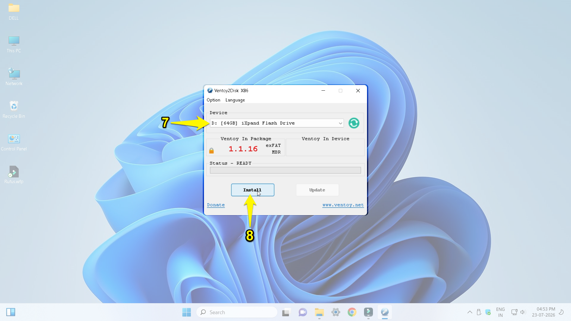 select USB and install