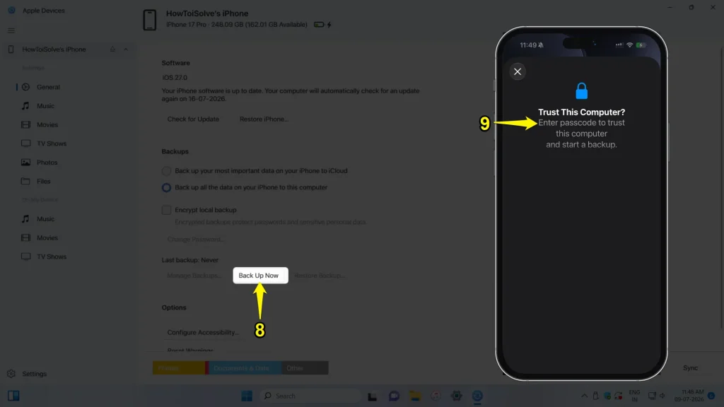 select backup and enter pass